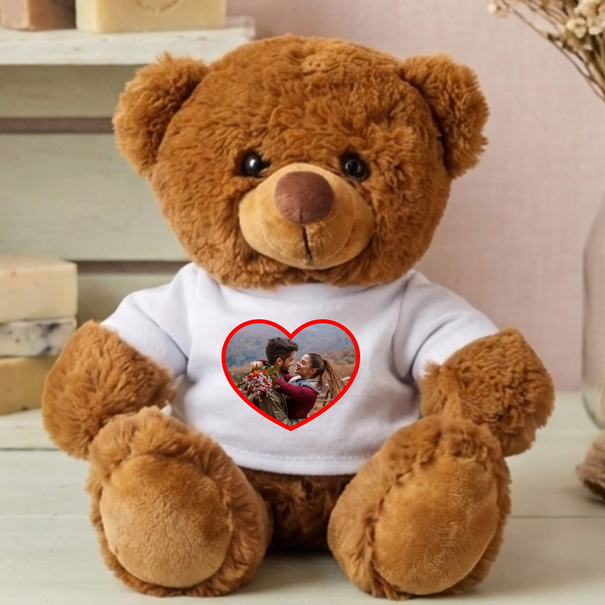 Dark brown stuffed teddy bear with a soft printed heart on t-shirt for custom prints