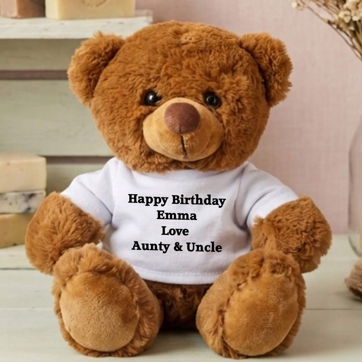 Personalised message teddy bear sitting on a shelf, ideal keepsake gift for family