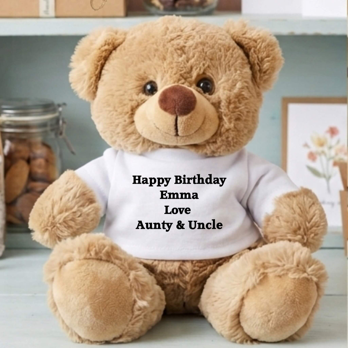 Personalised teddy bear gift with custom printing space on white tee
