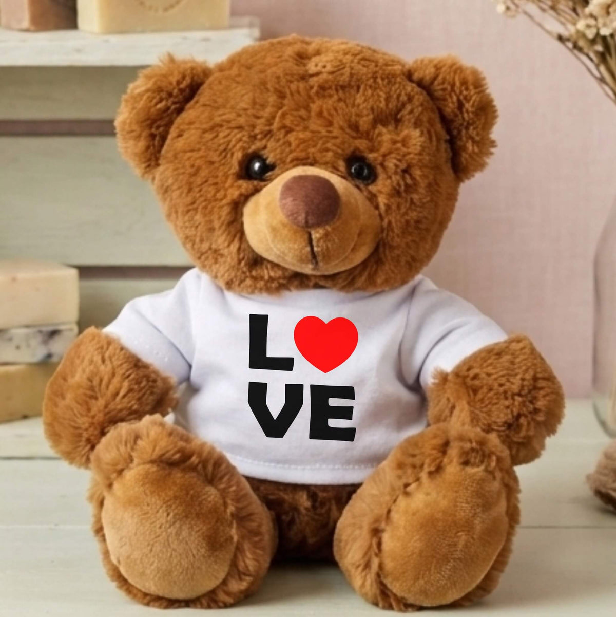 Customisable teddy bear gift featuring a printed "Love" design on white tee