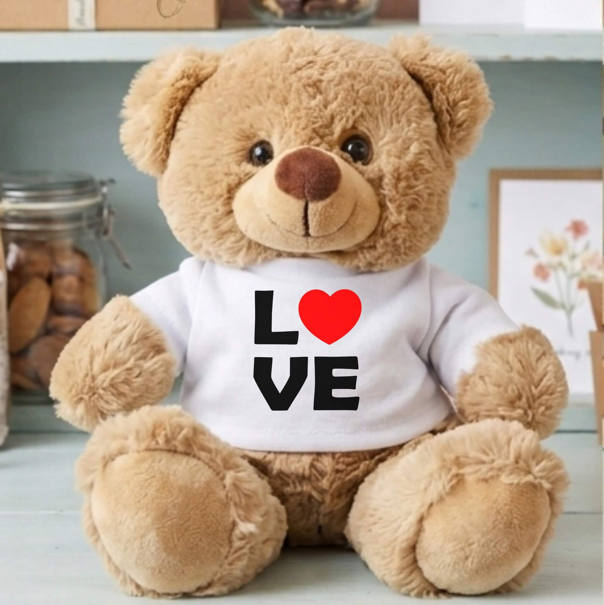 Personalised photo teddy bear wearing a white t-shirt with a custom "Love" print